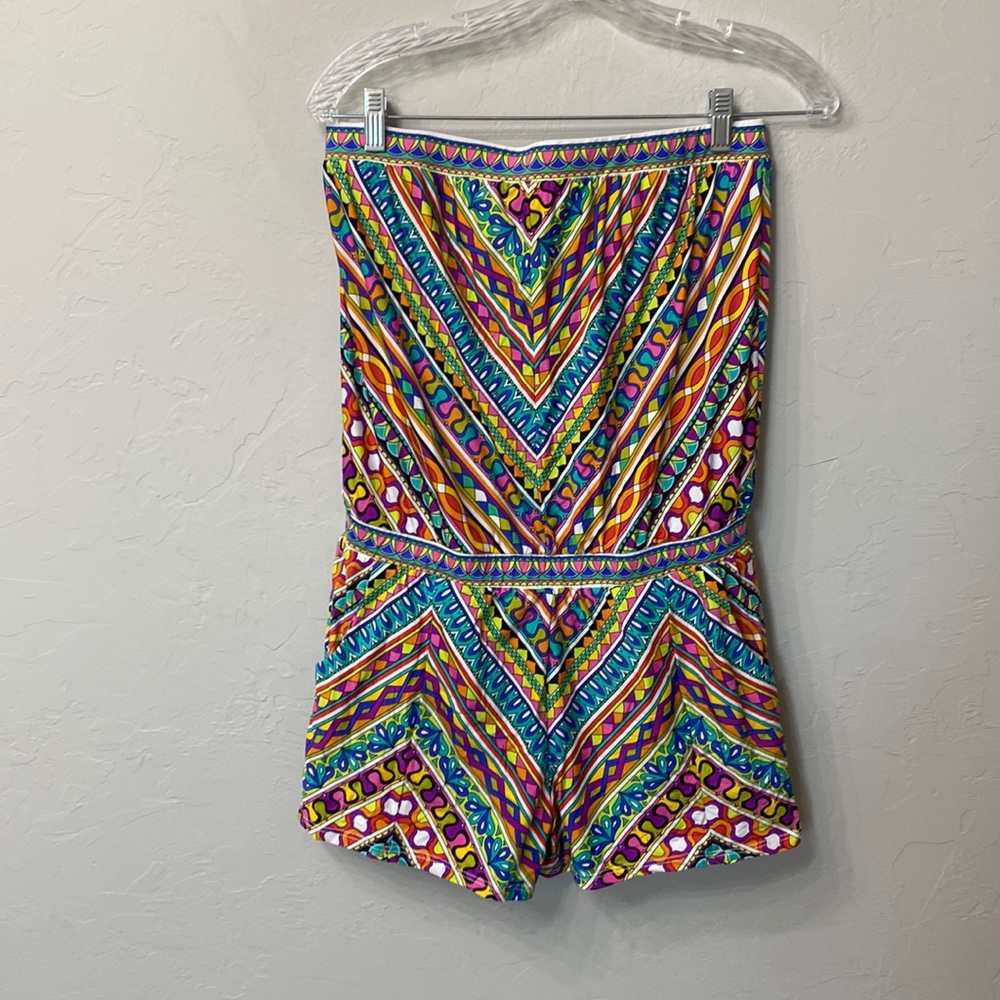 Trina Turk Peruvian stripe Bando romper swimsuit cover-up